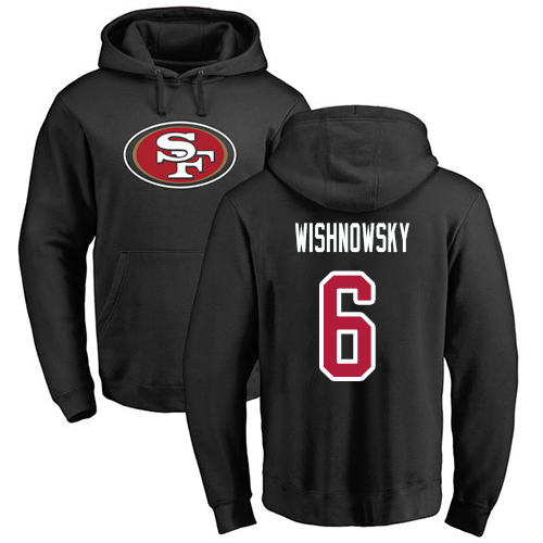 Men San Francisco 49ers Black Mitch Wishnowsky Name and Number Logo #6 Pullover NFL Hoodie Sweatshirts->nfl t-shirts->Sports Accessory
